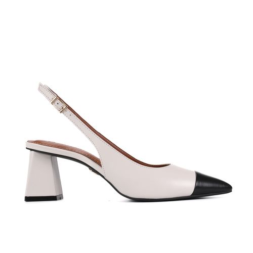 Slingback Branco Preto Salto Médio Couro