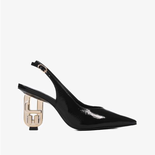 Slingback Preto Salto Exclusivo Jb Heel Dourado Couro Brilhoso