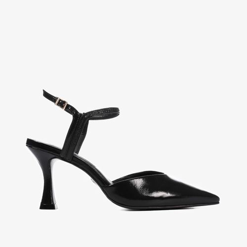 Slingback Preto Salto Médio Fino Couro Brilhoso