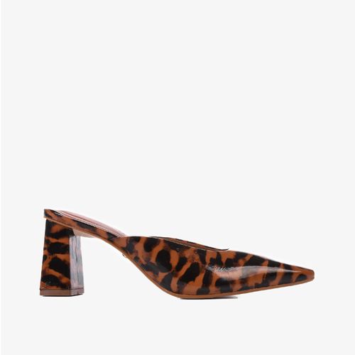 Mule Animal Print Tortoise Salto Bloco Médio Couro Brilhoso