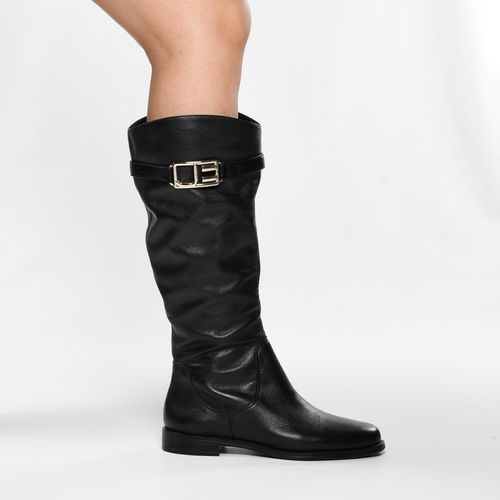 Bota Preta Cano Longo Salto Baixo Fivela Couro