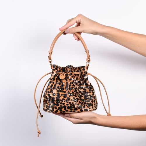 Bolsa Saco Animal Print Guepardo Metal Couro