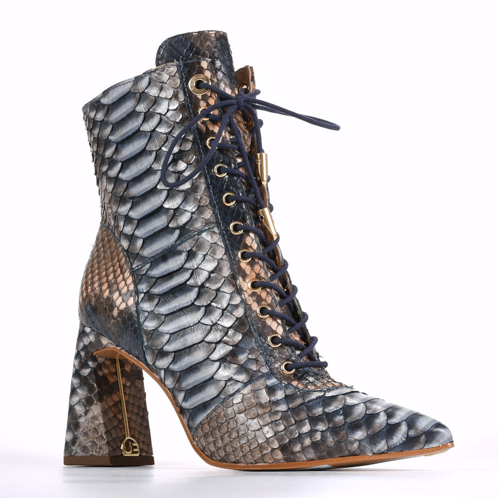 Bota Cano Curto Nude Marinho Salto Flare Pele Cobra Python - Sapatos ...