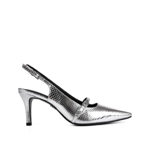 Slingback Metalizado Prata Salto Fino Couro