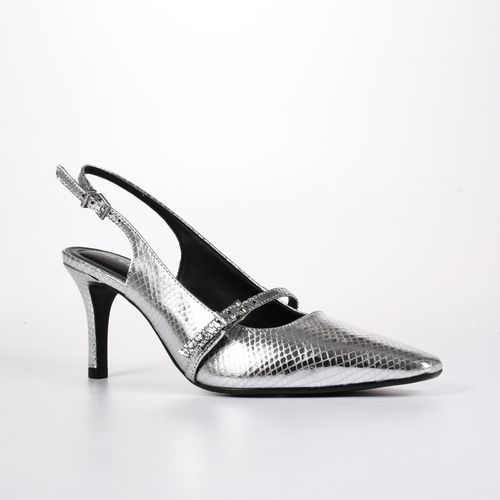 Slingback Metalizado Prata Salto Fino Couro