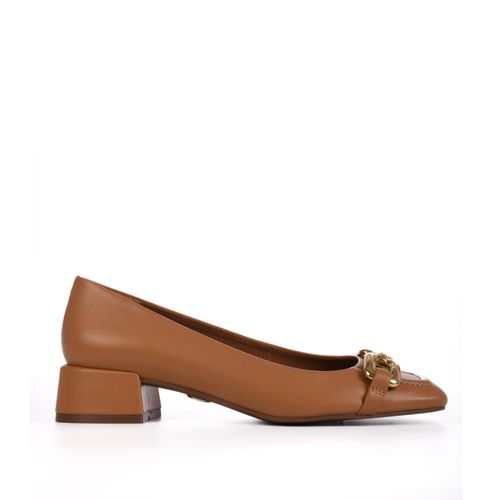 Scarpin Caramelo Tan Bridão Salto Baixo Couro
