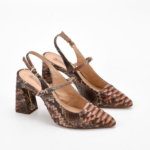 Slingback Nude Salto Flare Pele Cobra Python