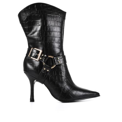 Bota Preto Salto Alto Cano Médio Bico Fino Couro