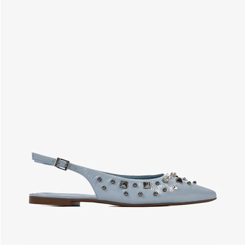 Slingback Azul Capri Pedrarias Tachas Salto Baixo Couro Brilhoso