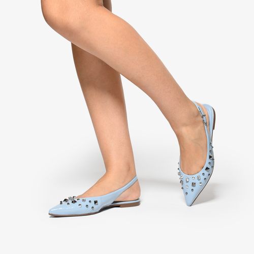 Slingback Azul Capri Pedrarias Tachas Salto Baixo Couro Brilhoso