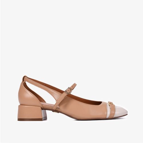 Scarpin Nude Linho Salto Bloco Baixo Couro