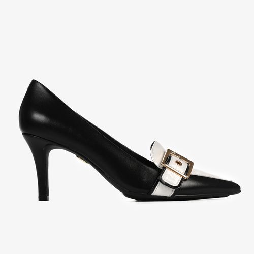 Scarpin Preto E Branco Salto Médio Fino Couro