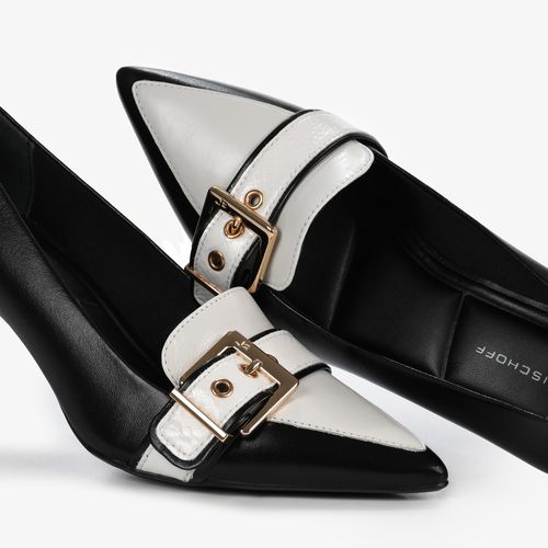Scarpin Preto E Branco Salto Médio Fino Couro