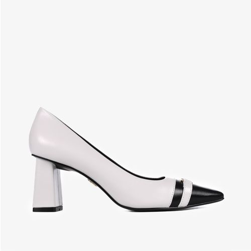 Scarpin Branco Blanc Preto Salto Bloco Médio Couro