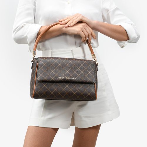 Bolsa Satchel Monograma Jb Marrom Caramelo Amêndoa