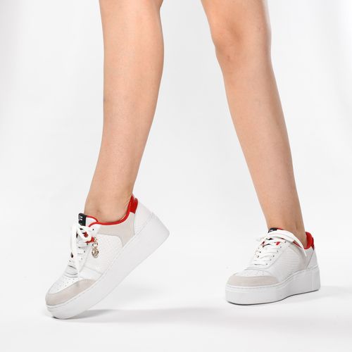 Tênis Branco Blanc Vermelho Rubi Couro Texturizado