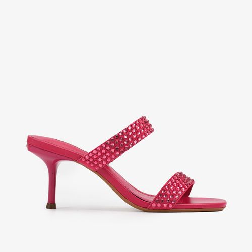 Tamanco Rosa Framboesa Tiras Salto Fino Médio Tachas Camurça