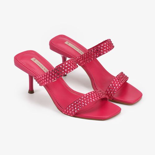 Tamanco Rosa Framboesa Tiras Salto Fino Médio Tachas Camurça
