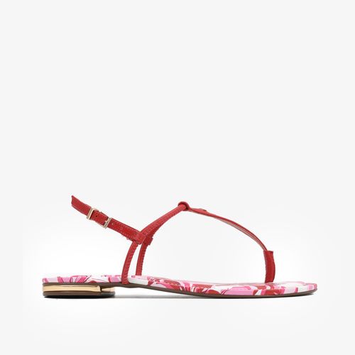 Sandália Rasteira Flower Vermelho Rubi Tiras Couro