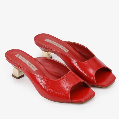 Tamanco Vermelho Rubi Salto Baixo Bloco Dourado Couro