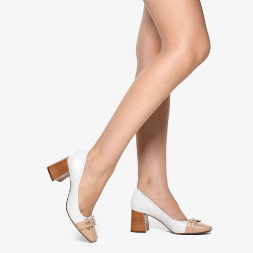 Scarpin Branco Blanc Nude Salto Bloco Médio Couro