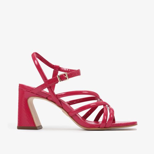 Sandália Rosa Framboesa Tiras Salto Bloco Médio Bloco Couro