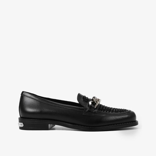 Loafer Preto Salto Baixo Hotfix Couro Camurça