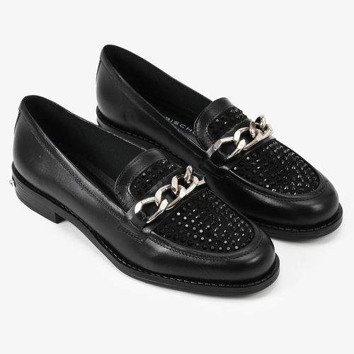 Loafer Preto Salto Baixo Hotfix Couro Camurça