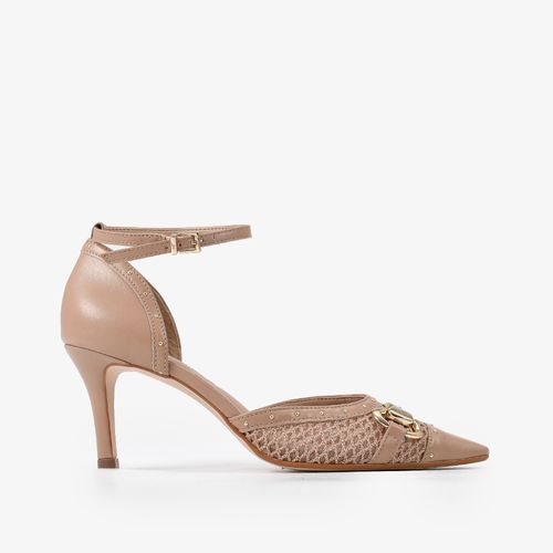 Scarpin Nude Cappuccino Salto Fino Alto Tecido Mesh Couro