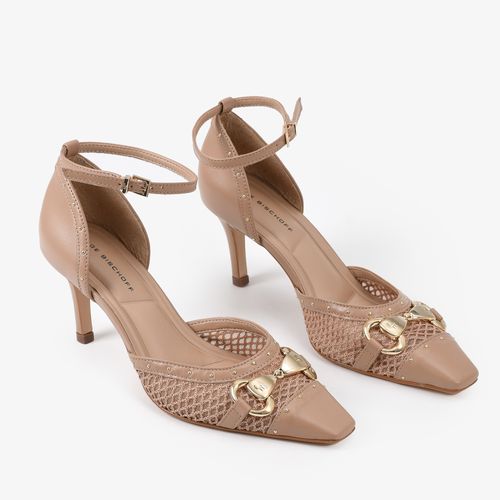 Scarpin Nude Cappuccino Salto Fino Alto Tecido Mesh Couro