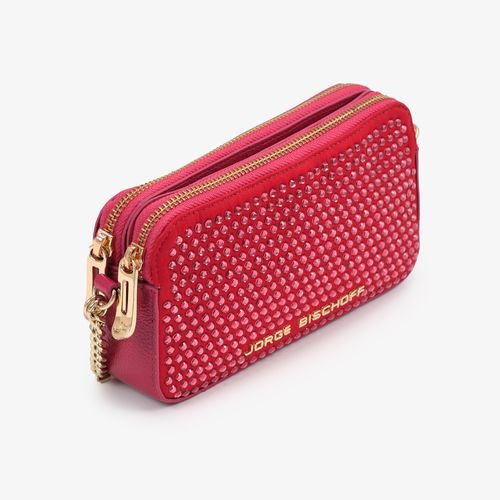 Bolsa Transversal Rosa Framboesa Tachas Couro