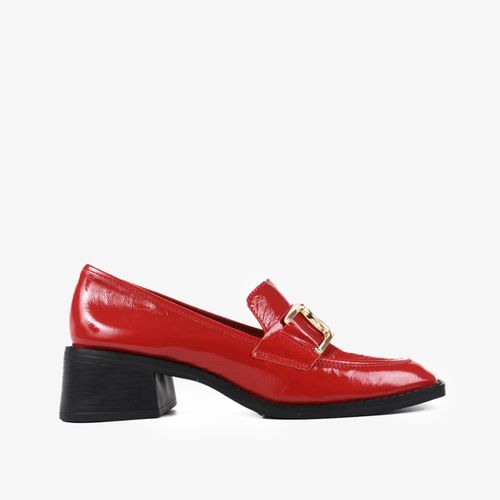 Loafer Vermelho Rubi Salto Bloco Baixo Couro