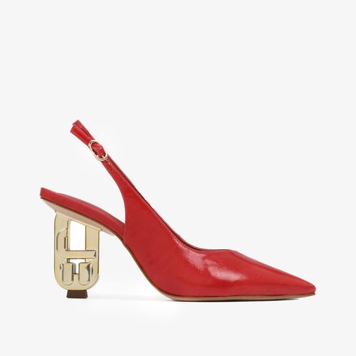 Slingback Vermelho Rubi Salto Exclusivo Jb Heel Dourado Couro Brilhoso