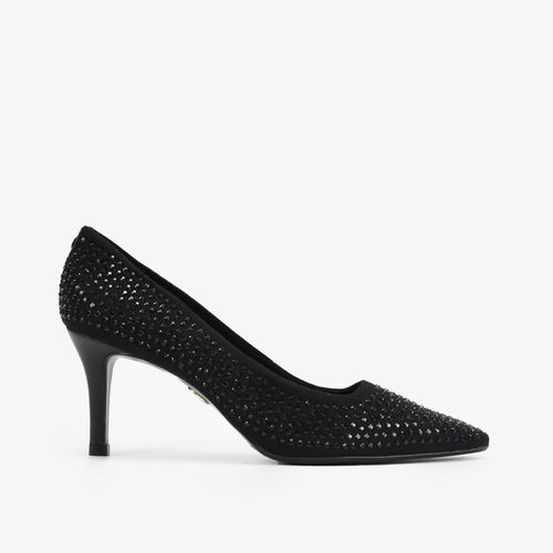 Scarpin Preto Hotfix Salto Fino Médio Camurça