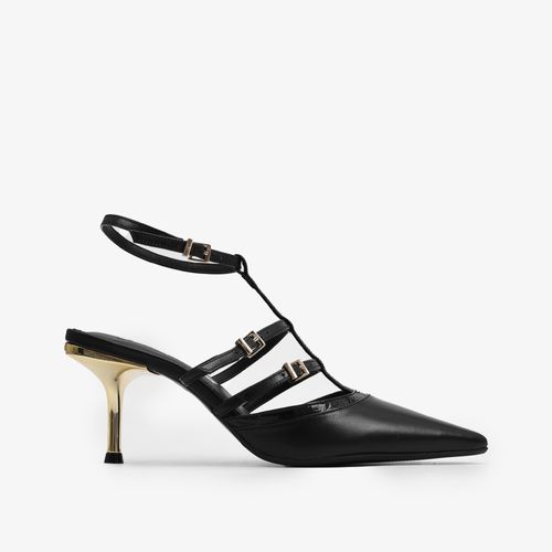 Slingback Preto Salto Fino Alto Dourado Tiras Couro