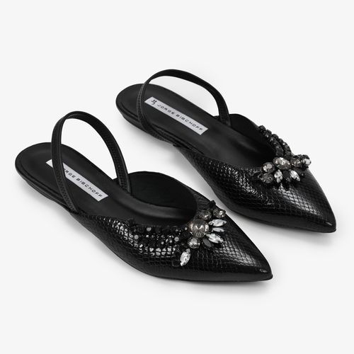 Slingback Preto Pedrarias Couro Texturizado