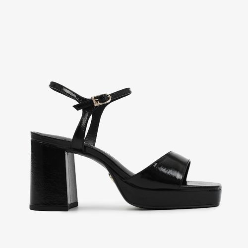 Sandália Preto Salto Médio Bloco Couro Brilhoso