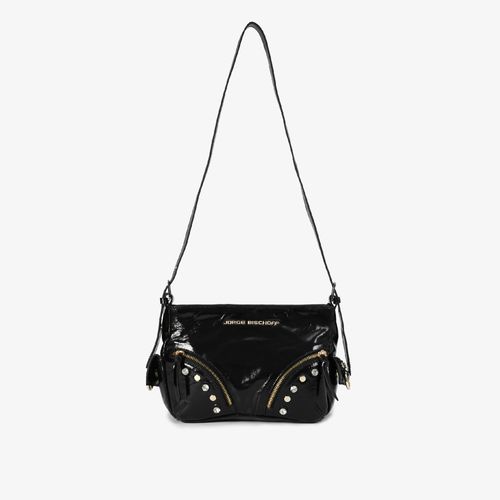 Bolsa Transversal Preta Tachas Cargo Couro Brilhoso