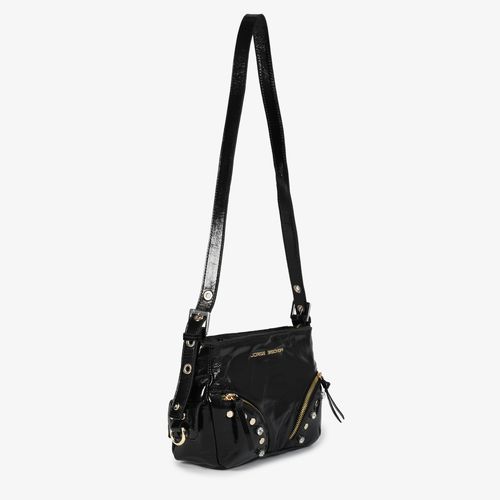 Bolsa Transversal Preta Tachas Cargo Couro Brilhoso