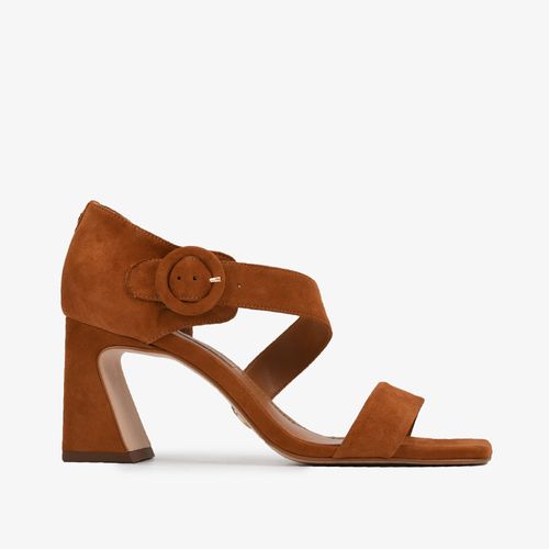 Sandália Anis Caramelo Tiras Salto Bloco Suede