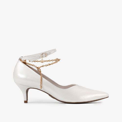 Scarpin Branco Say Yes Salto Baixo Tornozeleira Couro