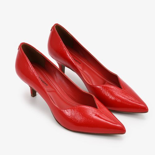 Scarpin Vermelho Rubi Salto Fino Baixo Couro Brilhoso