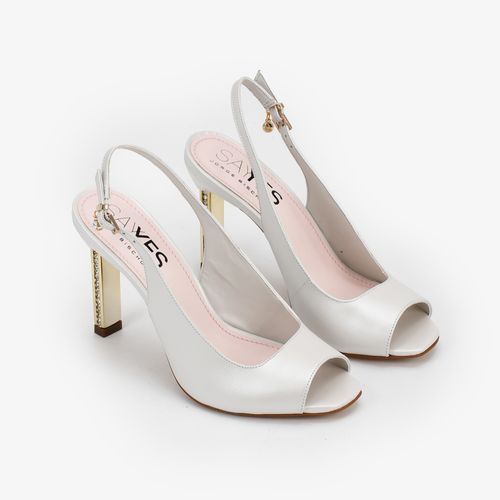 Sandália Peep Toe Branco Say Yes Salto Alto Cristais Couro