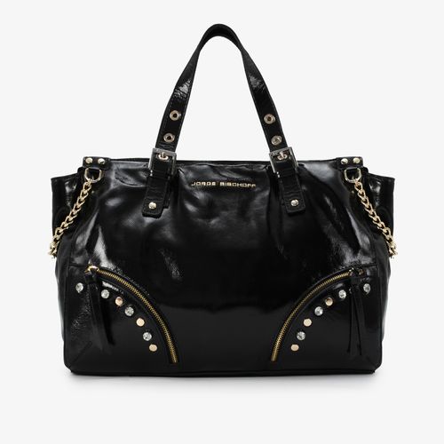 Bolsa Tote Preta Tachas Couro Macio Brilhoso