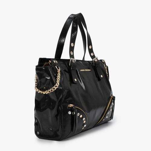 Bolsa Tote Preta Tachas Couro Macio Brilhoso