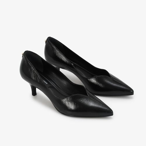 Scarpin Preto Salto Fino Baixo Couro Brilhoso