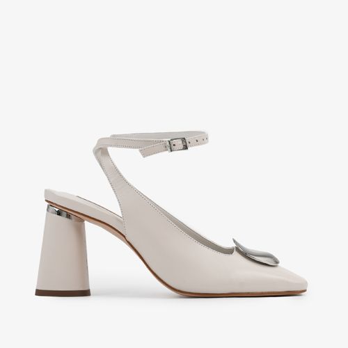 Slingback Branco Blanc Salto Bloco Médio Couro