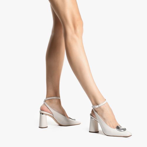 Slingback Branco Blanc Salto Bloco Médio Couro