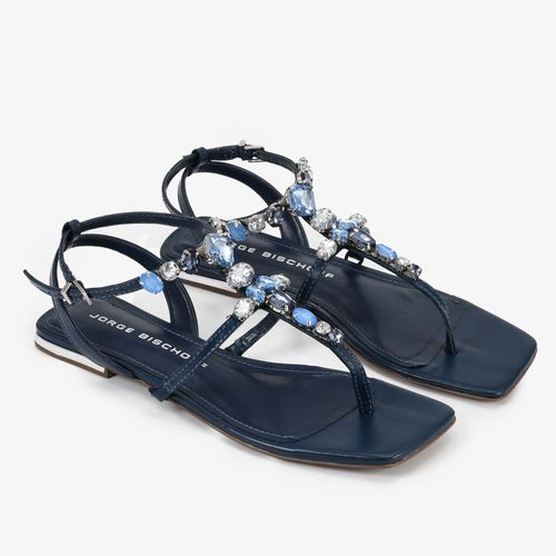 Sandália Rasteira Azul Montana Tiras Pedrarias Couro