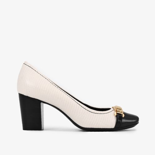 Scarpin Branco Blanc Preto Salto Bloco Alto Couro